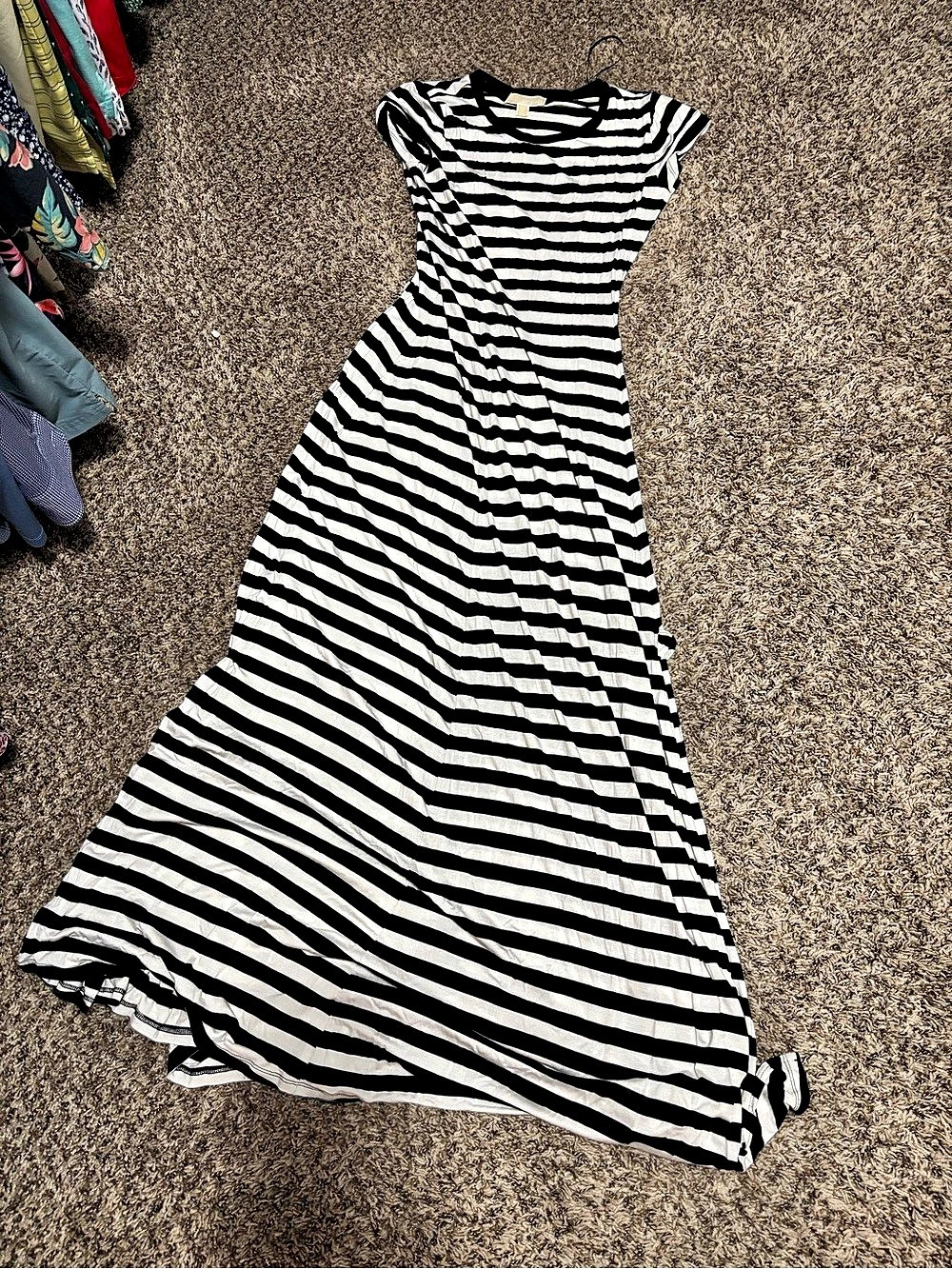 Michael Kors Black and White Striped Short Sleeve Maxi Dress